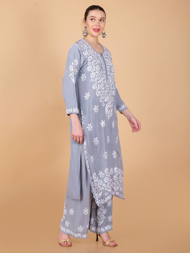 Pure Modal Heavy Bota Pattern hand embroidered Chikankari Kurta Set -Grey