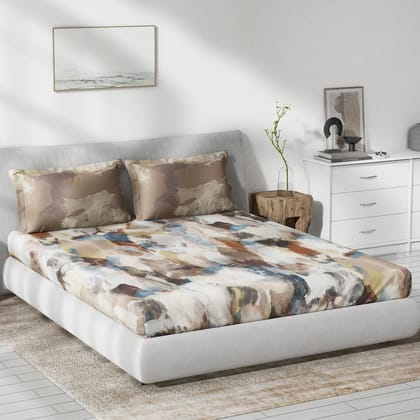 DDECOR - Primary Collection 100% Cotton Abstract Pattern 145TC King Bedsheet |229 CM X 274 CM| with 2 Pillow Covers - Brown