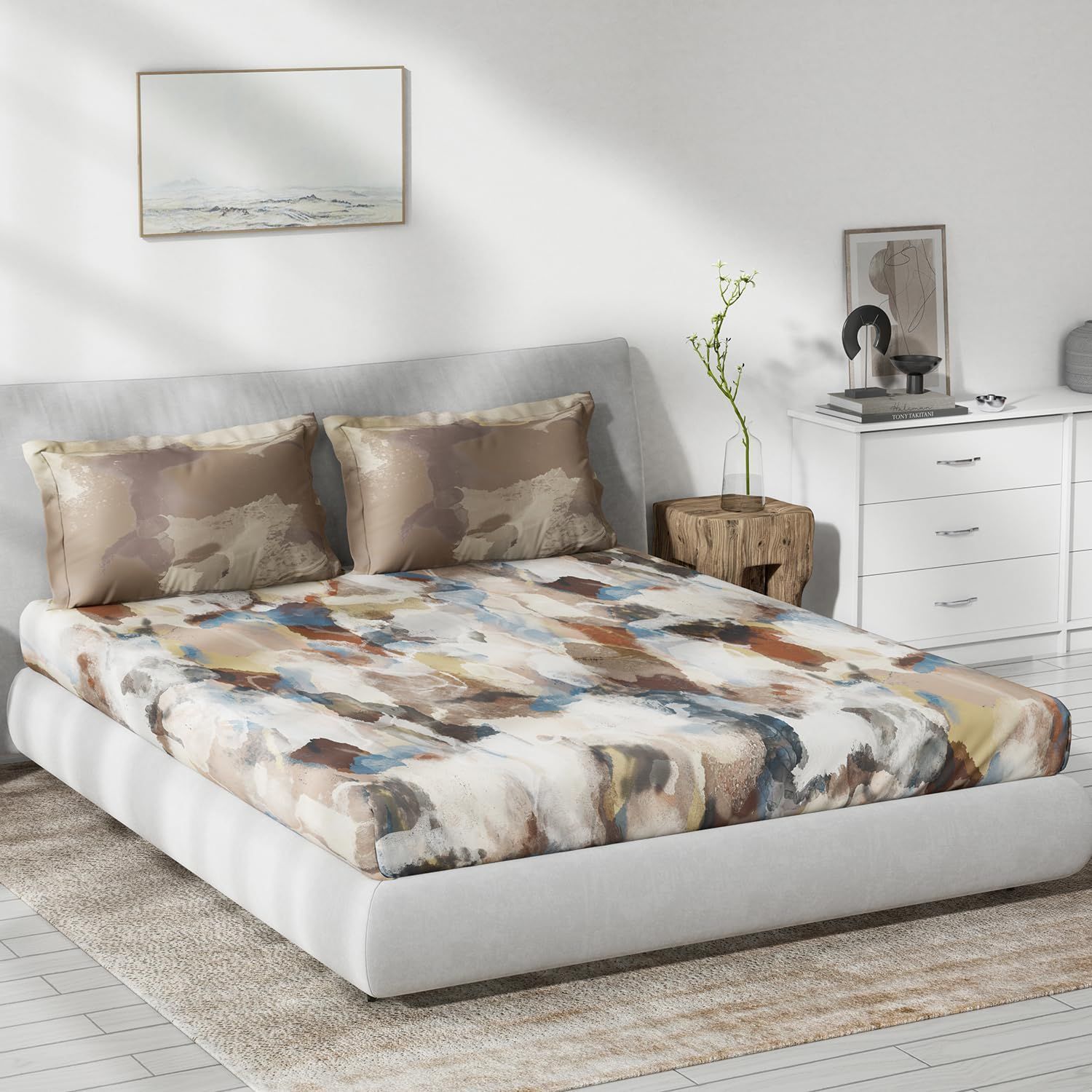 DDECOR - Primary Collection 100% Cotton Abstract Pattern 145TC King Bedsheet |229 CM X 274 CM| with 2 Pillow Covers - Brown