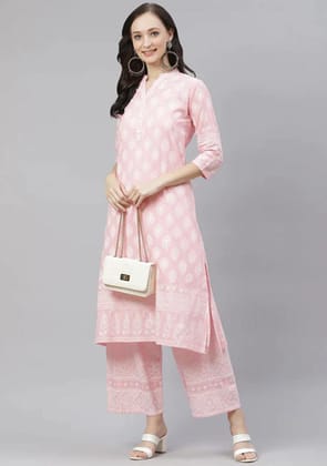 Baby Pink Cotton Kurta Palazzo Set-L