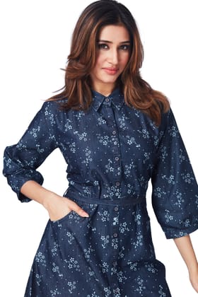 Denim Printed Dress with Belt-BLUE / L
