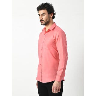Alokk Men Regular Fit Self Design Curved Collar Casual Shirt (Pink)
