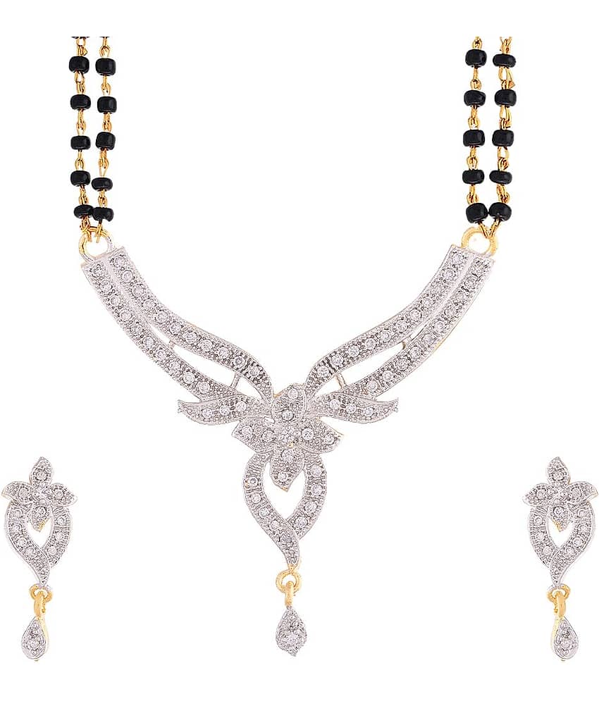 Zeneme Alloy Gold Plating American Diamonds Studded Silver Coloured Mangalsutra Set