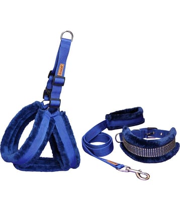 Petshop7 Premium Qualtiy Fur Padded Nylon Dog Harness , Collar & Leash 0.75 inch - Small (Chest Size - 23-28inch)-Blue