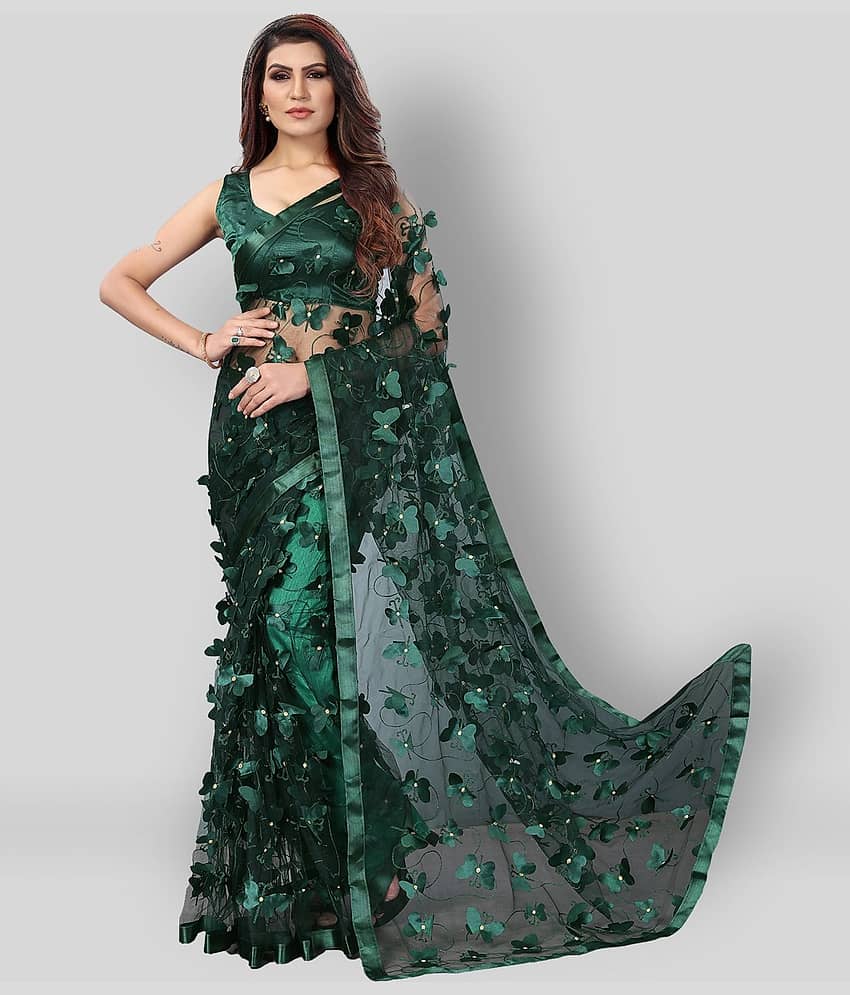 Apnisha Net Saree With Unstitched Blouse Piece ( Green )
