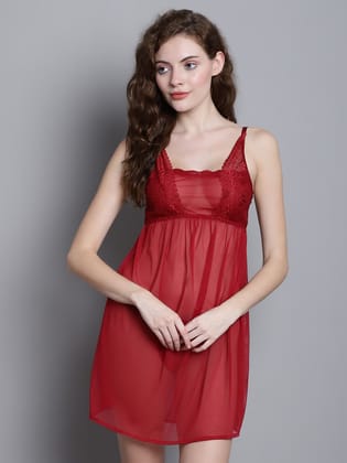 Babydoll Overall Sheer Dress - Red-M / Maroon