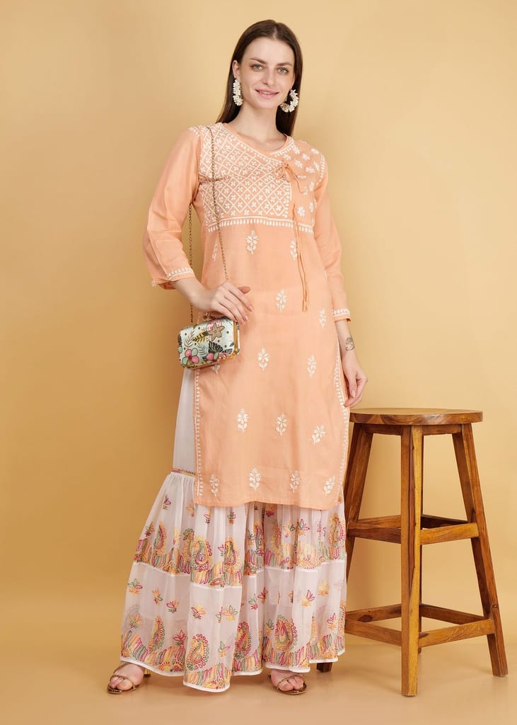 Hand Embroidered Georgette Multi Colored Chkankari Flared Sarara