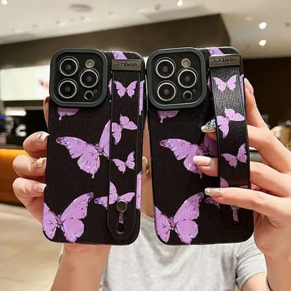 Black Purple Butterfly Bracelet Stand iPhone Textured Soft Case-iPhone 12