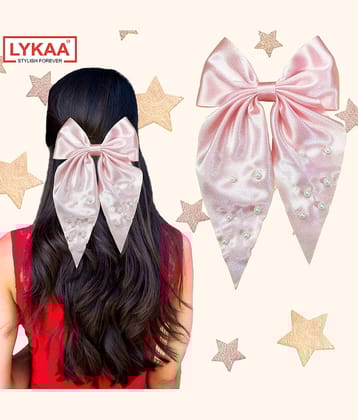 Lykaa Large Satin Hair Bow with Pearls Longtail Clips Hair Accessories for Women -1 Pcs (Multicolor)