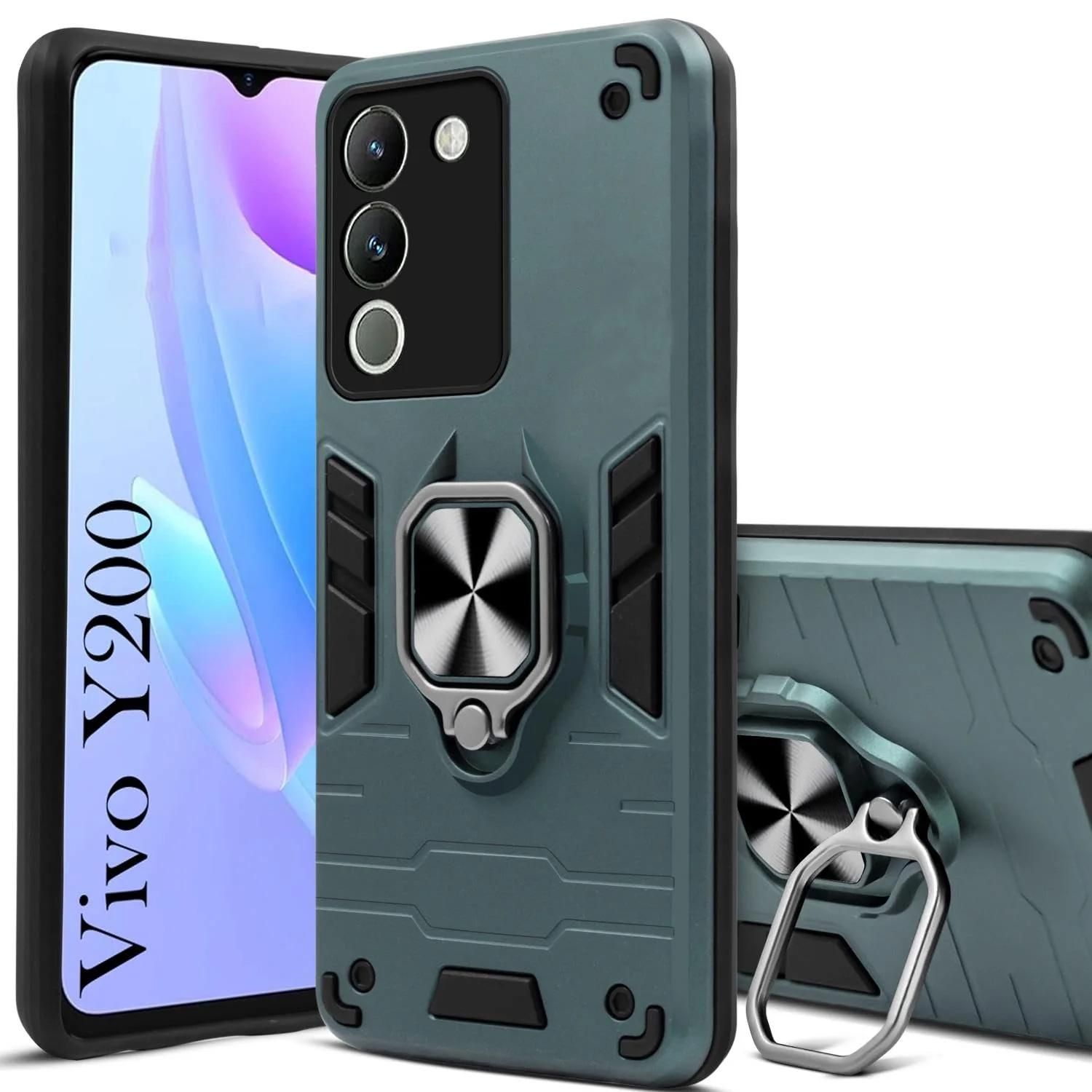 Mobile Cover for Vivo Y200 5G Armor Bumper Back Case with Ring Holder & Kick Stand | Shockproof (Hybrid TPU + PC)