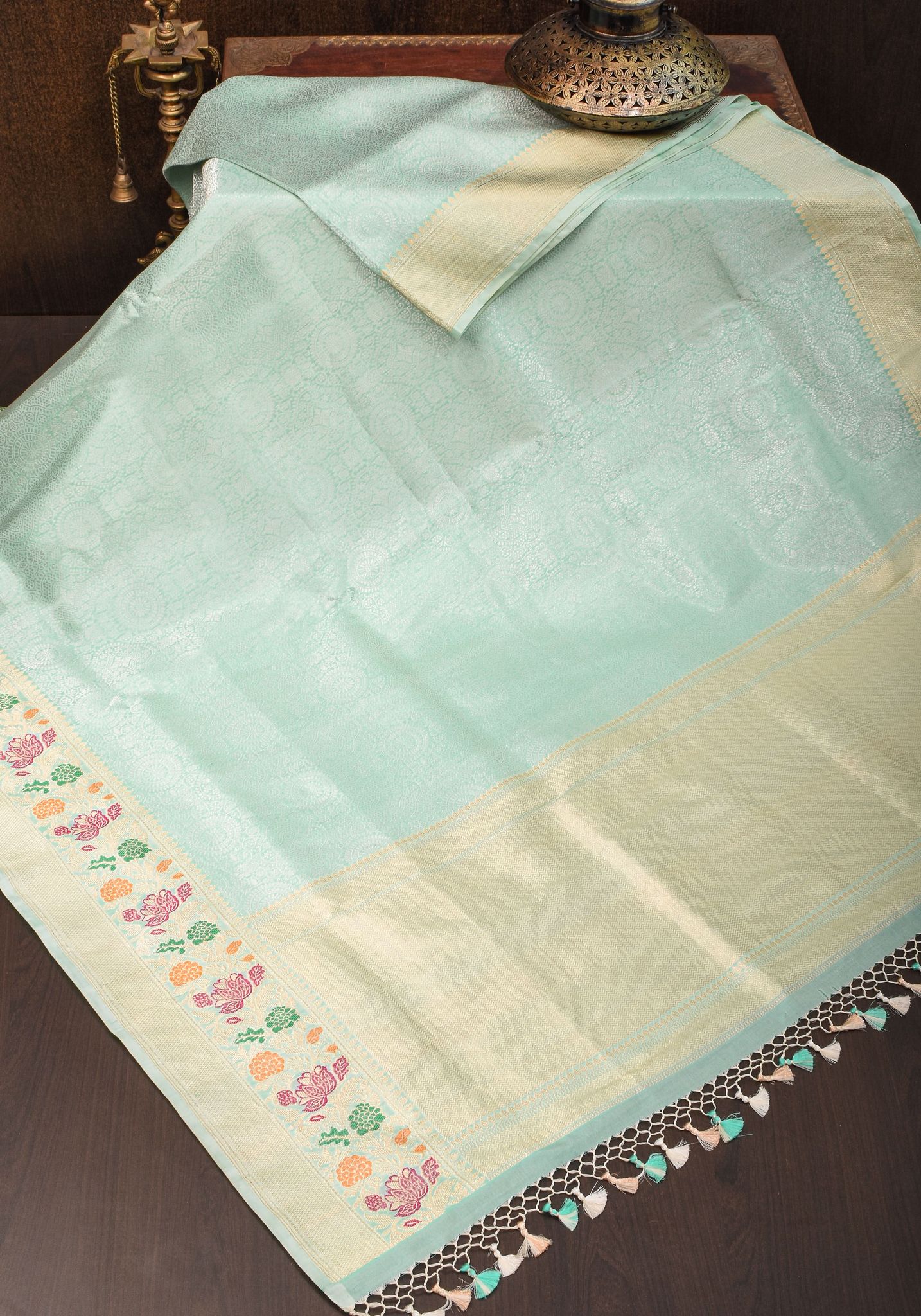 Exquisite Brocade Banarasi Katan Silk Saree in Mint Green with Meenakari Borders   | SILK MARK CERTIFIED