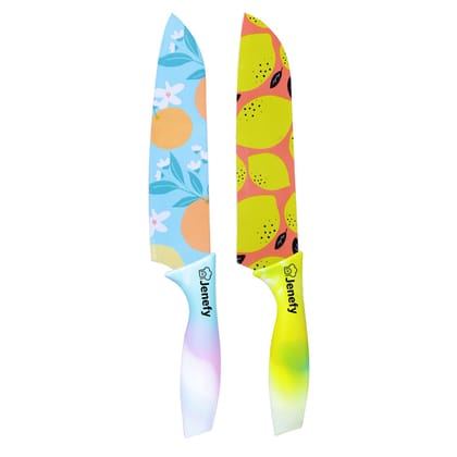 Jenefy Ultra Sharp Knife with print of protective sheath Chef Knife Japanese Santoku Knife with Nonstick coating Non Slip Ergonomic Handle & Blade Cover High carbon Stainless Steel Blue & Yellow Combo
