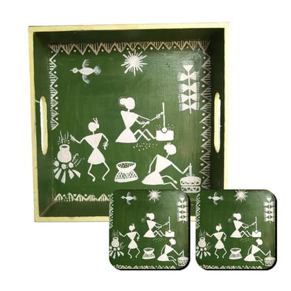 Warli Painting on MDF Tray with Square Tea Coasters DIY Kit by Penkraft