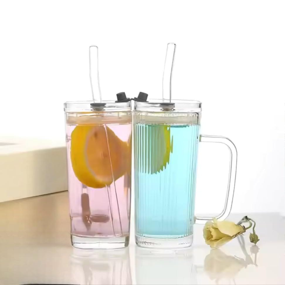 Glass Drinking Tumbler with Lid & Straw, 250 ML, Set of 1, Transparent Square Cup with Handle, Sipper for Juice, Water, Smoothies, Cocktail, Mocktail and Variety of Drinks, Ideal for Man/Women