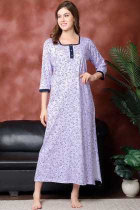 Purple Color Abstract Printed Cotton Nighty For Women-M