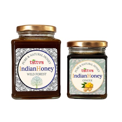 IndianHoney Wild Forest Honey & Warming & Anti-Inflammatory Ginger Infused Honey Combo Pack (500gm & 230gm) Wild Forest & Ginger