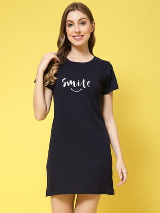 Navy Color Solid Printed Cotton Blend Shortnighty For Women-s / navy-blue