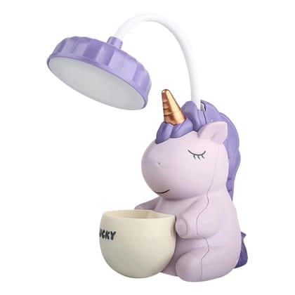 Cute Unicorn Cartoon Shaped USB Rechargeable LED Table Lamp with Pencil Sharpener & Pen Holder 360° Flexible Neck Eye Protection Lighting Mini Study Desk Light for Home, Office (Random Color)