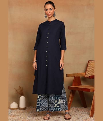 Yash Gallery Women Cotton Solid Straight Kurti With Palazzo ( Blue )