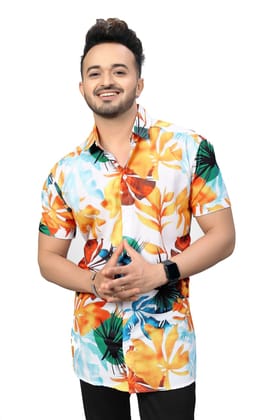 "Floral Fusion: Yellow, Red, and Green Flower Half Sleeve Printed Shirt by GlamaStitch"-S