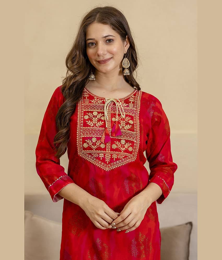 Kapadia Women Viscose Rayon Embroidered Straight Kurti ( Red )