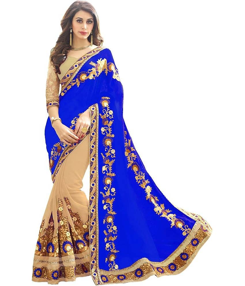 Trijal Fab Silk Blend Embroidered Saree With Unstitched Blouse Piece ( LightBLue )