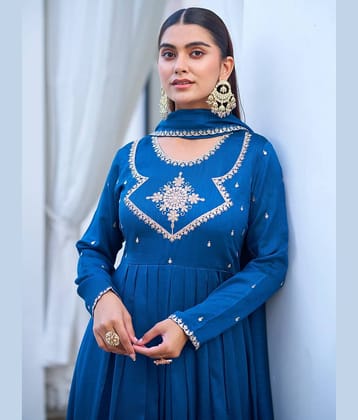 Royal Export Women Silk Blend Embroidered Anarkali Kurti With Pants ( Teal )