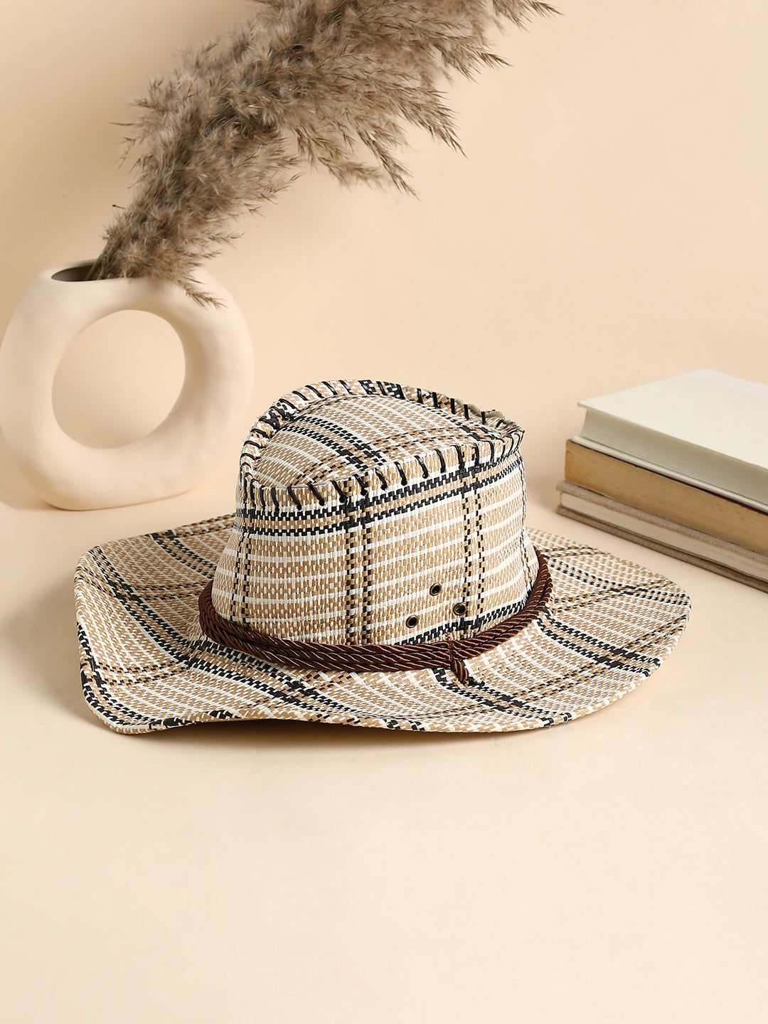 Checkered Cowboy Hat - Beige-Hat