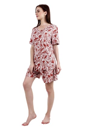 Copper Leaves Printed Night Suit Set-L / L / Copper