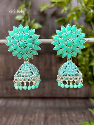 Designer Neo Ethnic Jhumka Earrings-Sea Green