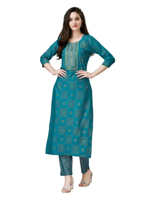 Women's Casual 3-4 th Sleeve Embroidery Rayon Kurti Pant Set (Green, L)-PID50270