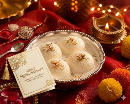 Ghasitaram's Rasmalai Patty Festive Tin Box with Rakhi, Roli, Chawal and Card, Vegetarian, 1 kg, 4 Count Ghasitaram's Rasmalai Patty Festive Tin Box with Rakhi, Roli, Chawal and Card, Vegetarian, 1 kg, 4 Count