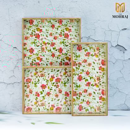 The Mohraj Blossom Rectangular MDF Trays with Gold Foil Finish Set of 3  