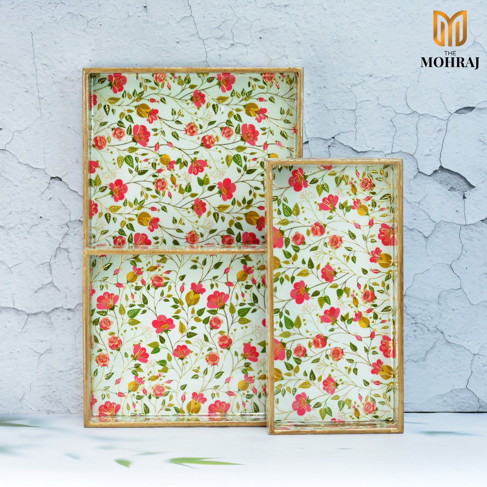 The Mohraj Blossom Rectangular MDF Trays with Gold Foil Finish Set of 3  