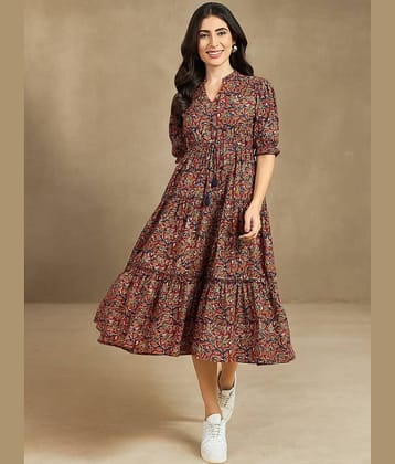 Femvy Women Crepe Printed Fit & Flare Dress ( Brown )