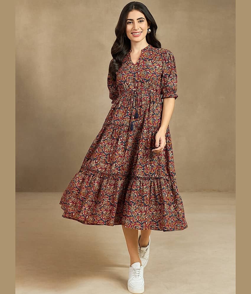 Femvy Women Crepe Printed Fit & Flare Dress ( Brown )