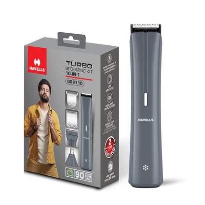 Havells Turbo 10 In 1 Grooming Kit | Hair Trimmer,Face, Ear & Nose |No Nicks & Cuts |LED Indicator| Upto 90 Min Quick Charge| 2 Year Guarantee| GS6110 (Grey) Havells Turbo 10 In 1 Grooming Kit | Hair Trimmer,Face, Ear & Nose |No Nicks & Cuts |LED Indicat
