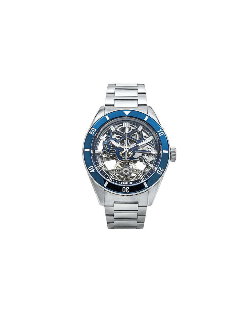 Qorum Equinox Men’s Automatic Skeleton Watch – Steel Finish Dial, Blue Bezel, Stainless Steel Strap