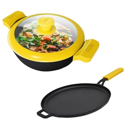 GEMMA Cookware Combo of 2, Cast Iron Kadhai with Glass Lid and Dosa Tawa-Kadai 3 Liter / Yellow
