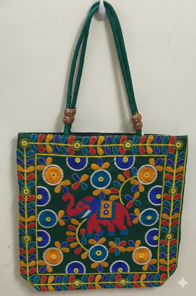 Baggz And Baggz Green Premium Jute Tote Bag (Green, Free Size) | Handcrafted Elephant & Floral Embroidery | Ethnic Gifting Baggz And Baggz Green Premium Jute Tote Bag (Green, Free Size) | Handcrafted Elephant & Floral Embroidery | Ethnic Gifting