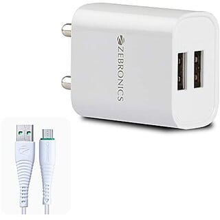 ZEBRONICS Zeb-MA5222 USB Charger Adapter with 1 Metre Micro USB Cable 2 USB Ports for Mobile Phone/Tablets (White).