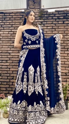 Heavy Velvet Lehenga Blouse Odhani with zardozi tilla in deep blues
