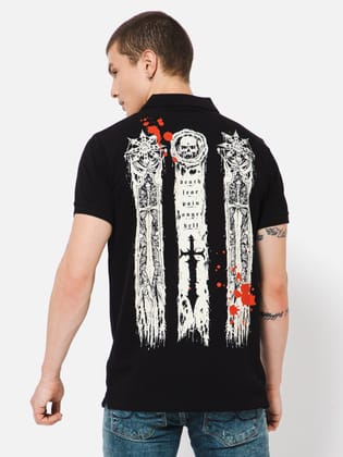 Punk Polo Collar GOTHIC Black Printed T shirt-M / Black / GOTHIC