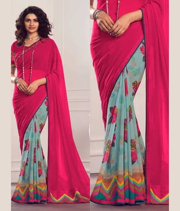 SARIK  FASHION Georgette Printed Saree With Unstitched Blouse Piece ( Pink )