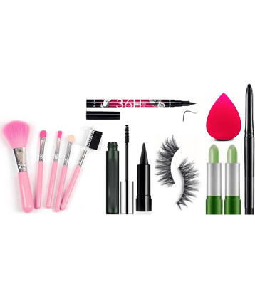 swenky eyeliner mascara aloe vera lipstick false eyelash & makeup brush (Pack of 9)