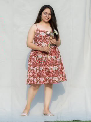 Espresso Red Floral Cotton Knee Length Dress-XS