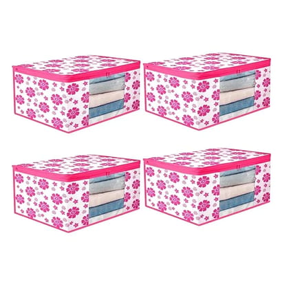 Bindian Multipurpose Saree Cover for Wardrobe Storage | Premium Non-Woven Fabric Cloth Organizer Box with Transparent Window & Zipper | Ideal for Storing Sarees & More (Pink Flower, Pack of 4)