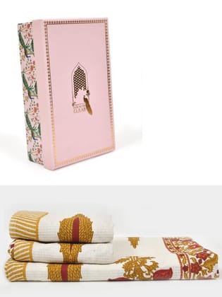 Gift Set - Handblock Printed Towels - 1 Bath + 2 Hand Towels-Hand Block / 30X60 Inches, 15X30 Inches / 1 Bath,2 Hand Towel