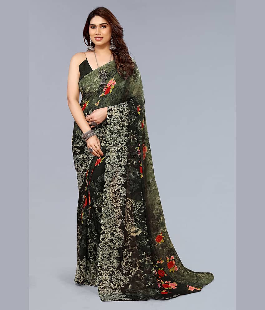 ANAND SAREES Georgette Printed Saree With Unstitched Blouse Piece ( Green )