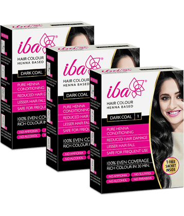Iba Hair Colour for Women, Dark Coal, 70g,  Pure Henna Based Powder Sachet (Pack of 3)